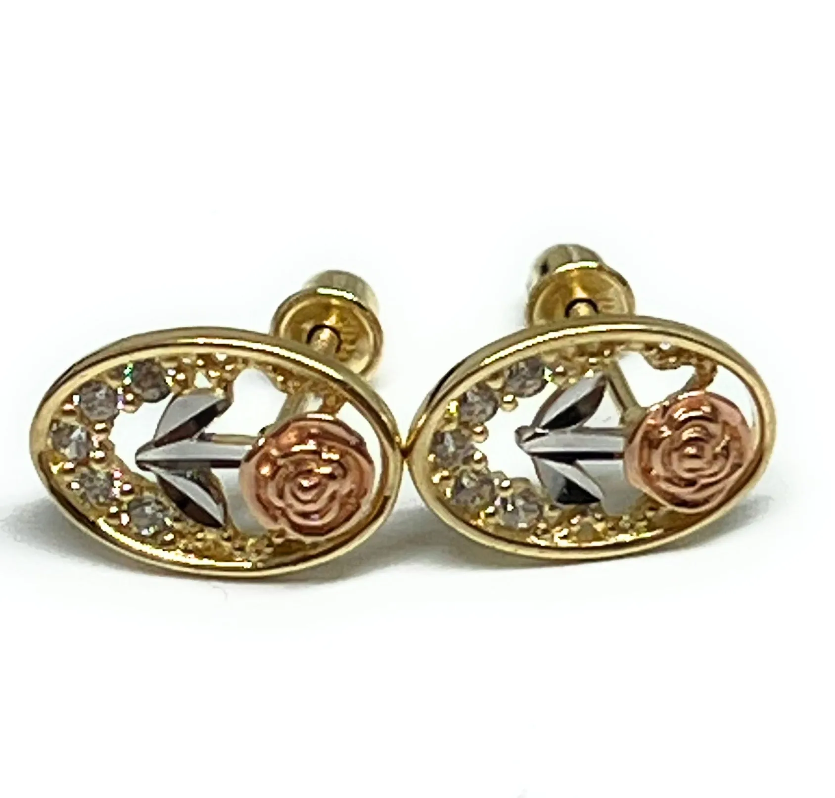 10k Solid Gold Tri-Color Flower Mini Dainty CZ Stud Earrings (FCE 11)