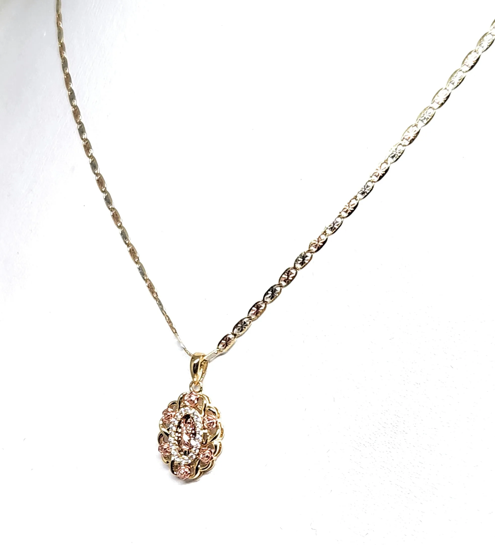 10k Solid Gold Tri-Color SAAN JUDAS SAAINT JUDE Flower CZ SMALL MINI Pendant Necklace (FC)