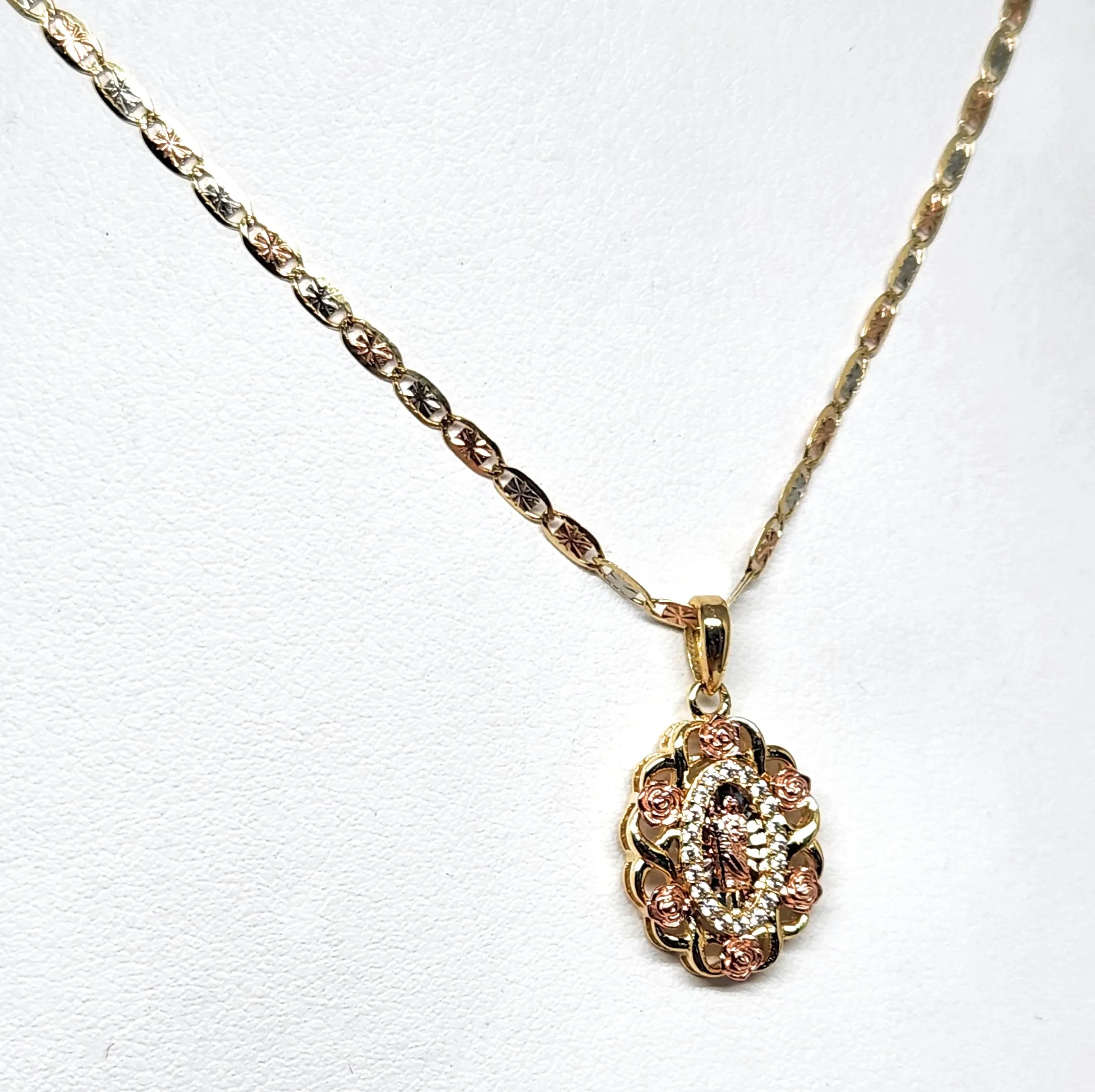 10k Solid Gold Tri-Color SAAN JUDAS SAAINT JUDE Flower CZ SMALL MINI Pendant Necklace (FC)