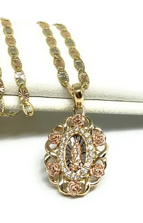 10k Solid Gold Tri-Color Virrgin Mary Flower CZ SMALL MINI Pendant Necklace Virrgen Gaudalupe (SM) (FC)