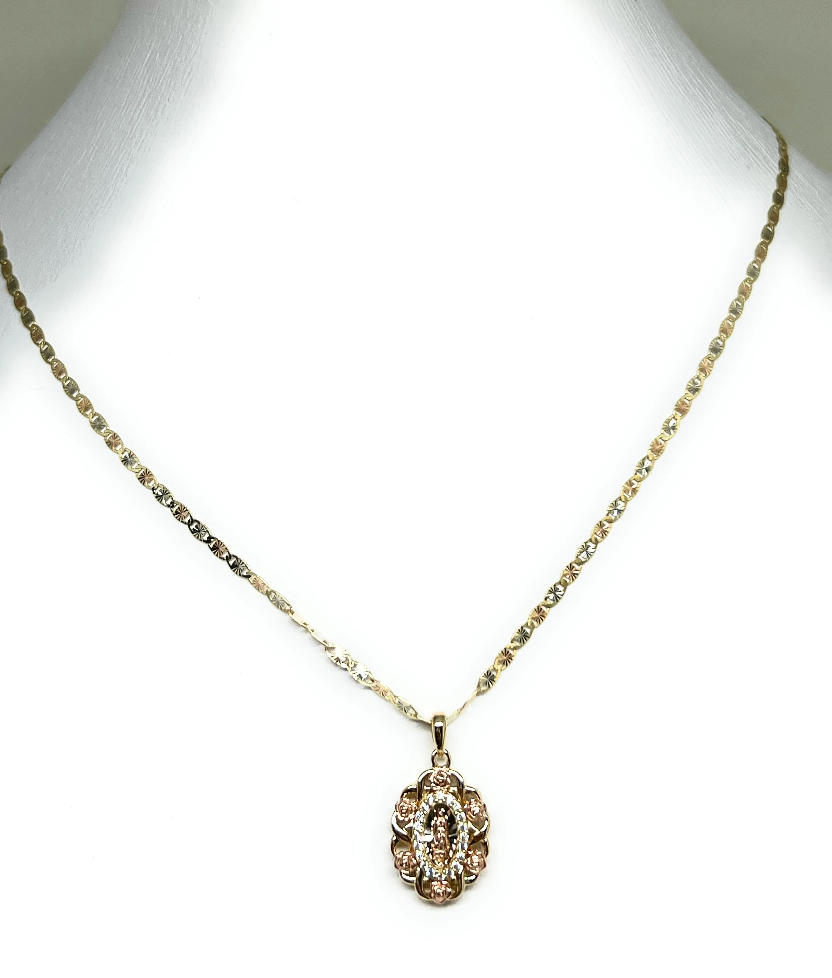 10k Solid Gold Tri-Color Virrgin Mary Flower CZ SMALL MINI Pendant Necklace Virrgen Gaudalupe (SM) (FC)