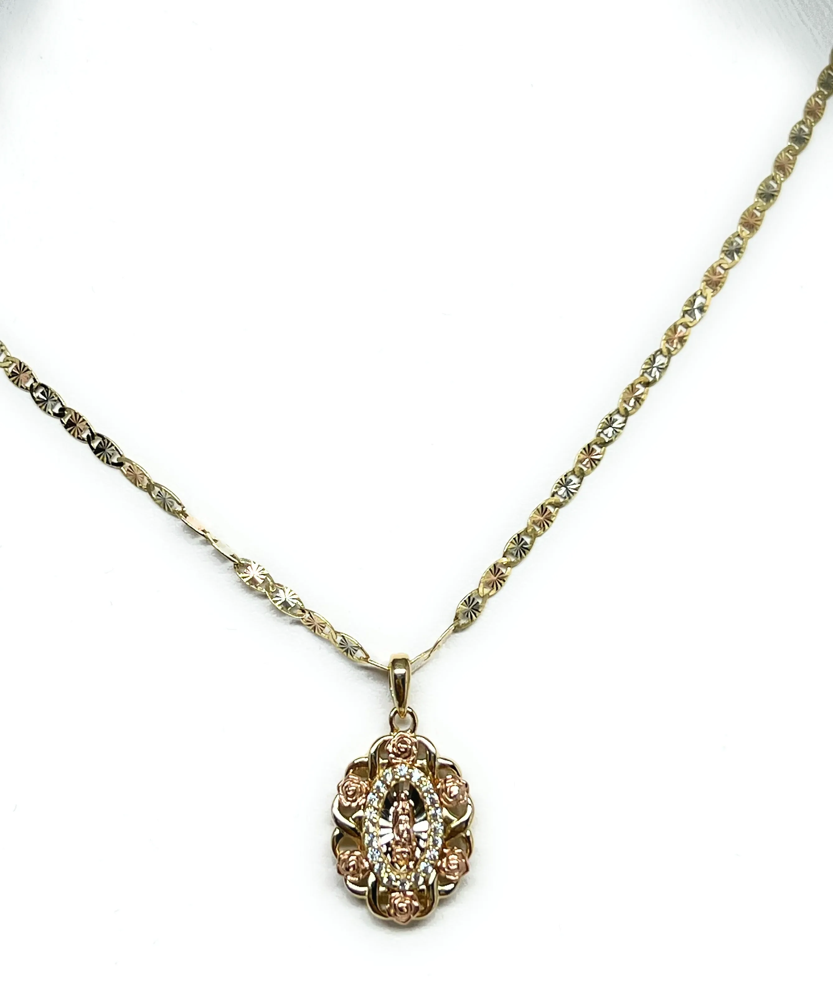 10k Solid Gold Tri-Color Virrgin Mary Flower CZ SMALL MINI Pendant Necklace Virrgen Gaudalupe (SM) (FC)