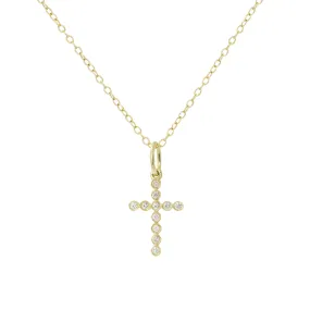 14k Diamond Cross Necklace Bezelled - Mini