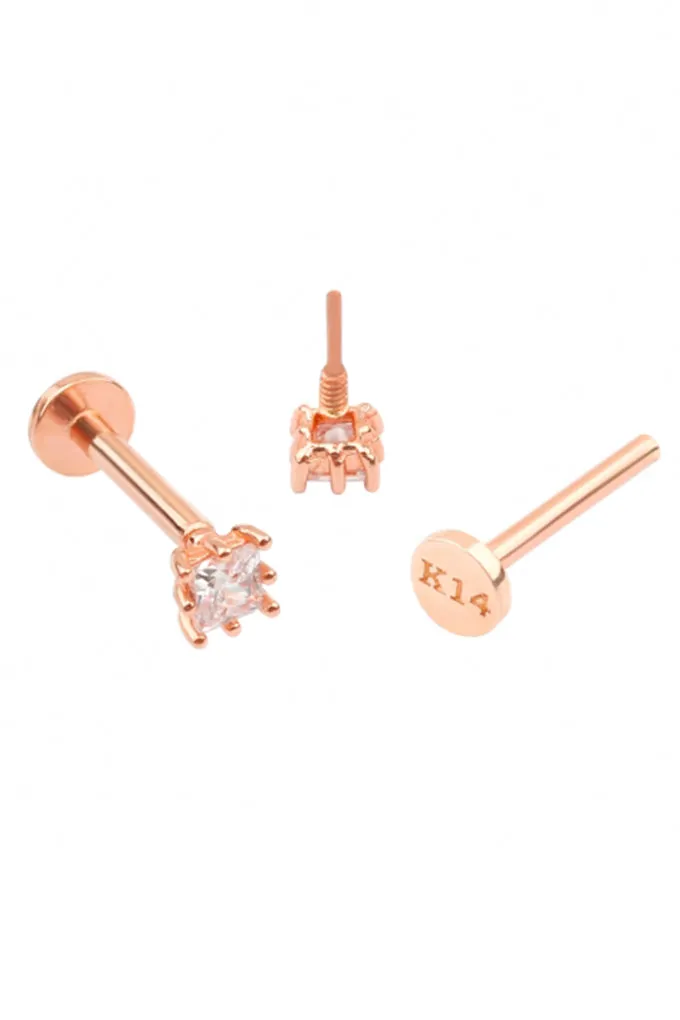 14K Real Gold Mini Square Cz Forward Helix Cartilage Tragus Inner Conch Ear Stud Post Internally Threaded Earring Labret