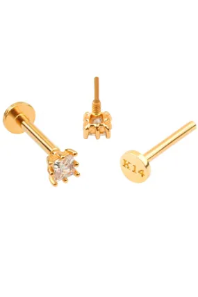 14K Real Gold Mini Square Cz Forward Helix Cartilage Tragus Inner Conch Ear Stud Post Internally Threaded Earring Labret