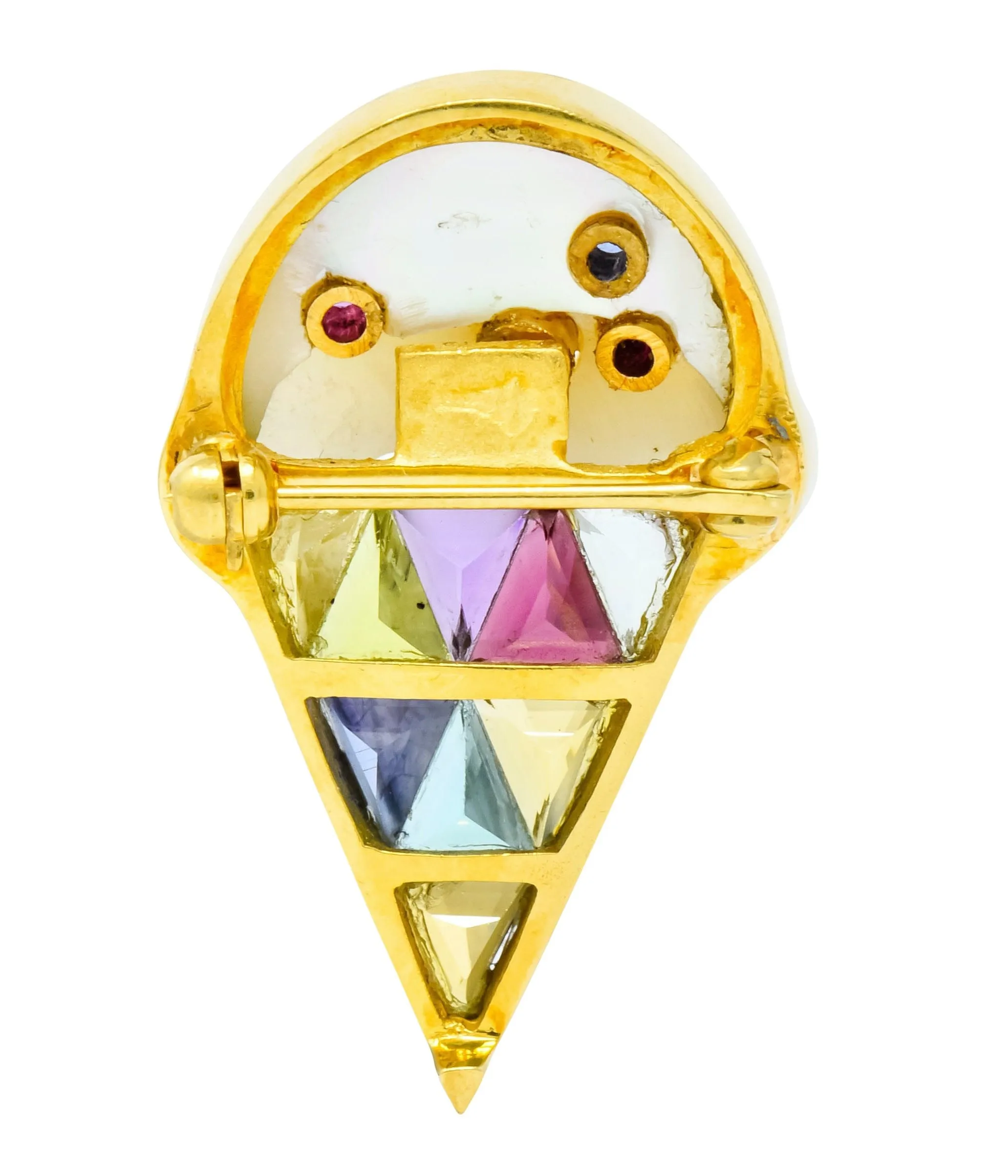 1980s Vintage 18 Karat Gold Invisible Set Multi-Gem Ice Cream Cone Brooch