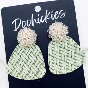 2 Crystal Pom & Metallic Green Basketweave Jasmine Dangles St. Paddy Earrings