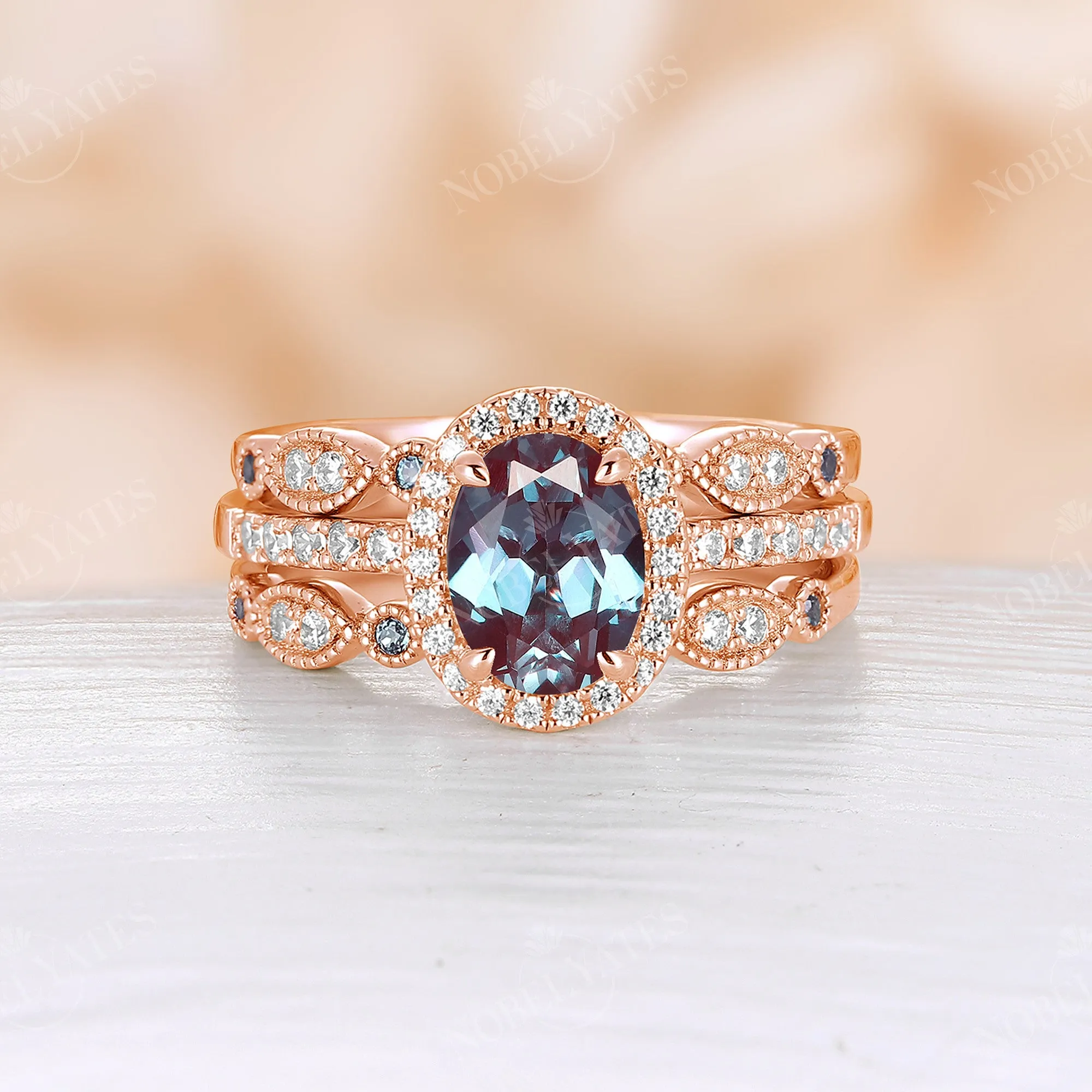 3PCS Oval Cut Lab Alexandrite Rose Gold Halo & Pave Engagement Ring Set