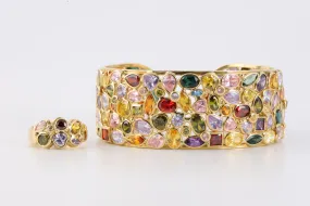 6.75 18k Yellow Gold Tutti Frutti Cuff Bracelet & Ring Set Size 6.25 (61.25g.)