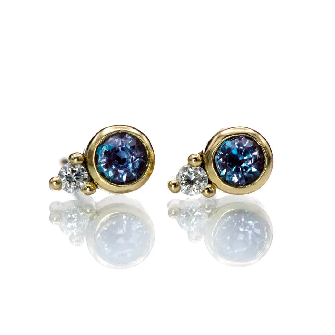 Alexandrite Bezel Set 14k Gold Stud Earrings With Lab Diamond Accent