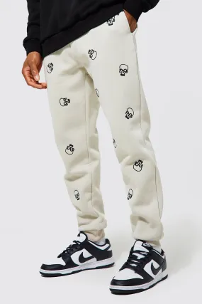 All Over Skull Embroidered Jogger | boohooMAN UK