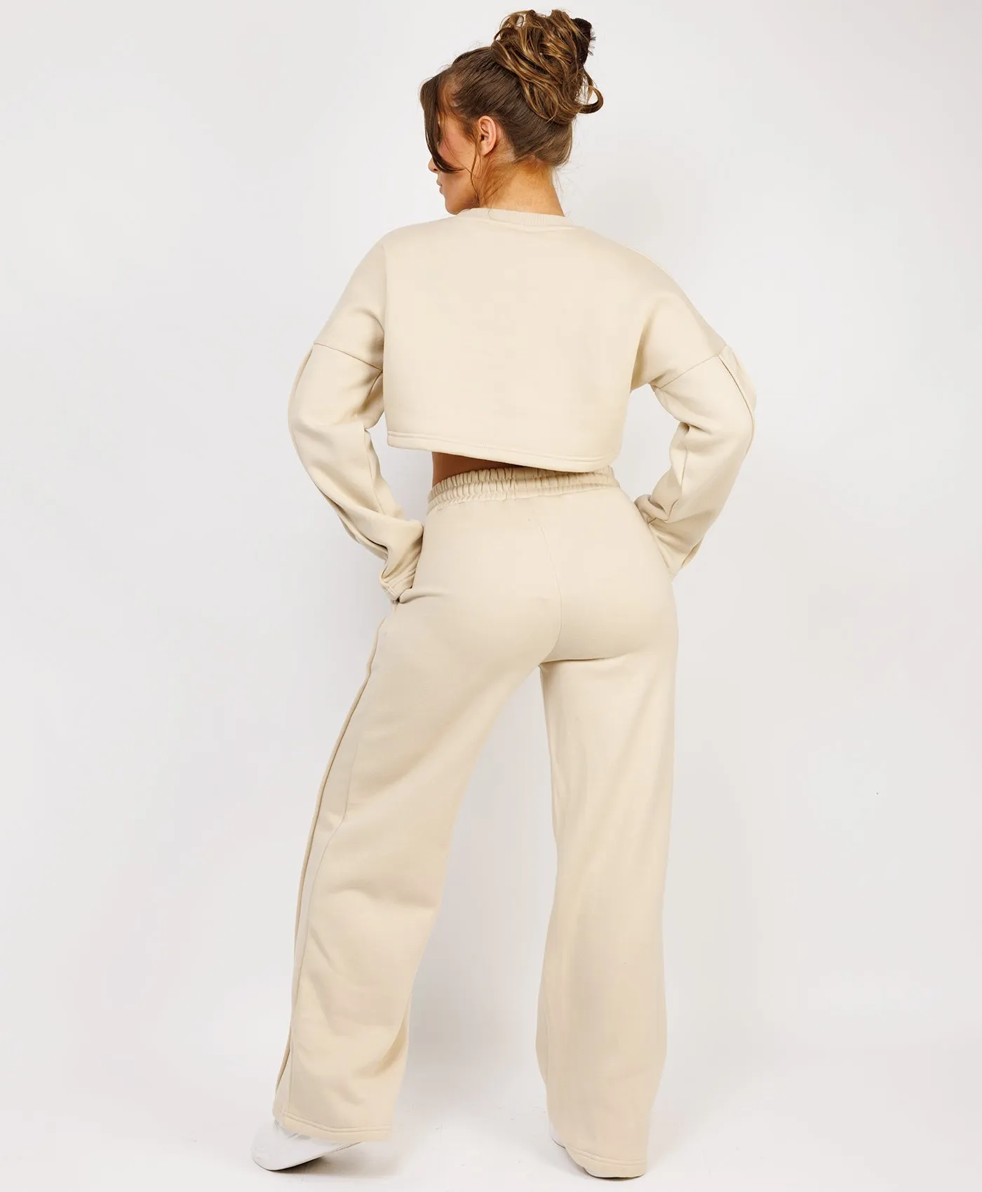 Beige Cropped Sweatshirt And Pintuck Detail Joggers Tracksuit