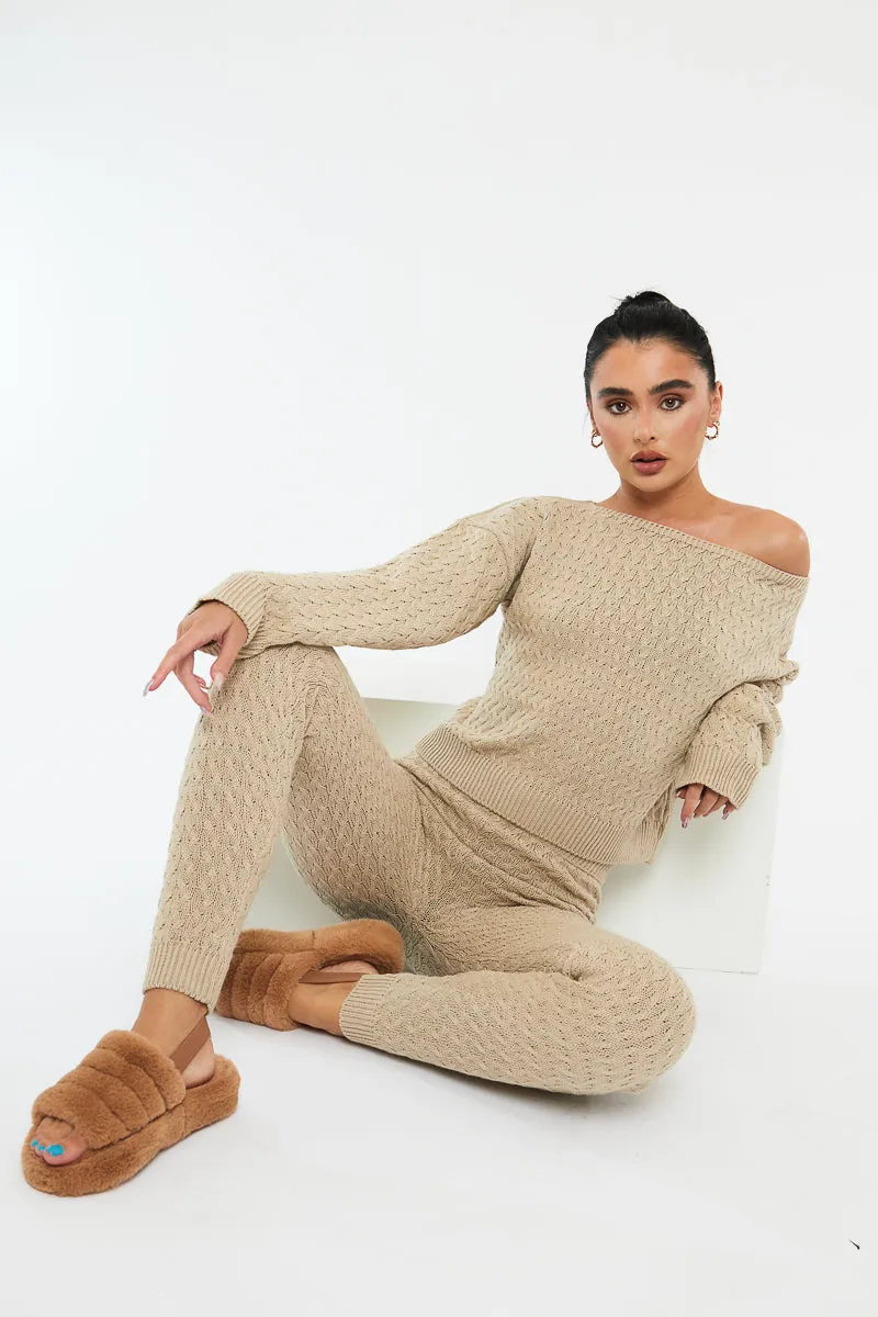 Beige Knit Cropped Jumper & Jogger Set - Kezzie