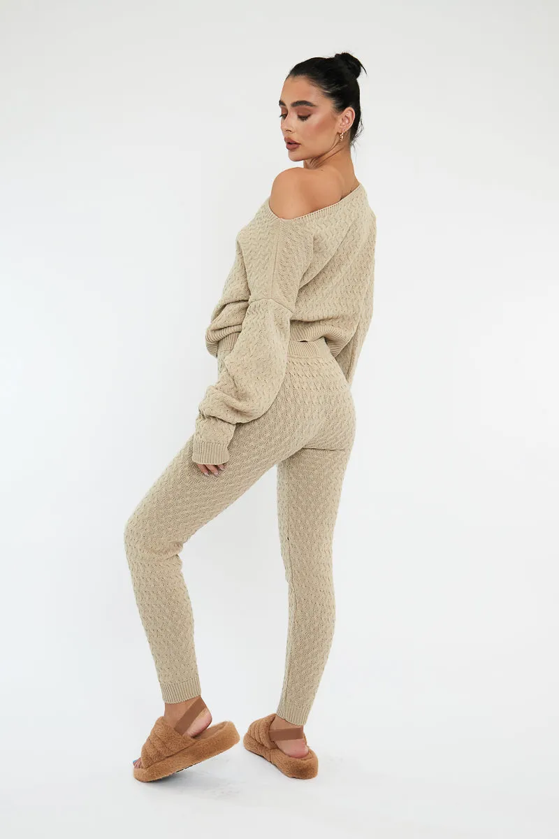 Beige Knit Cropped Jumper & Jogger Set - Kezzie