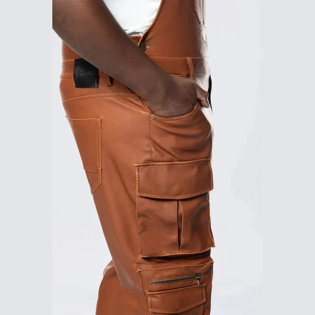 Big and Tall - Stacked Vegan Leather Overalls - Washed Brown