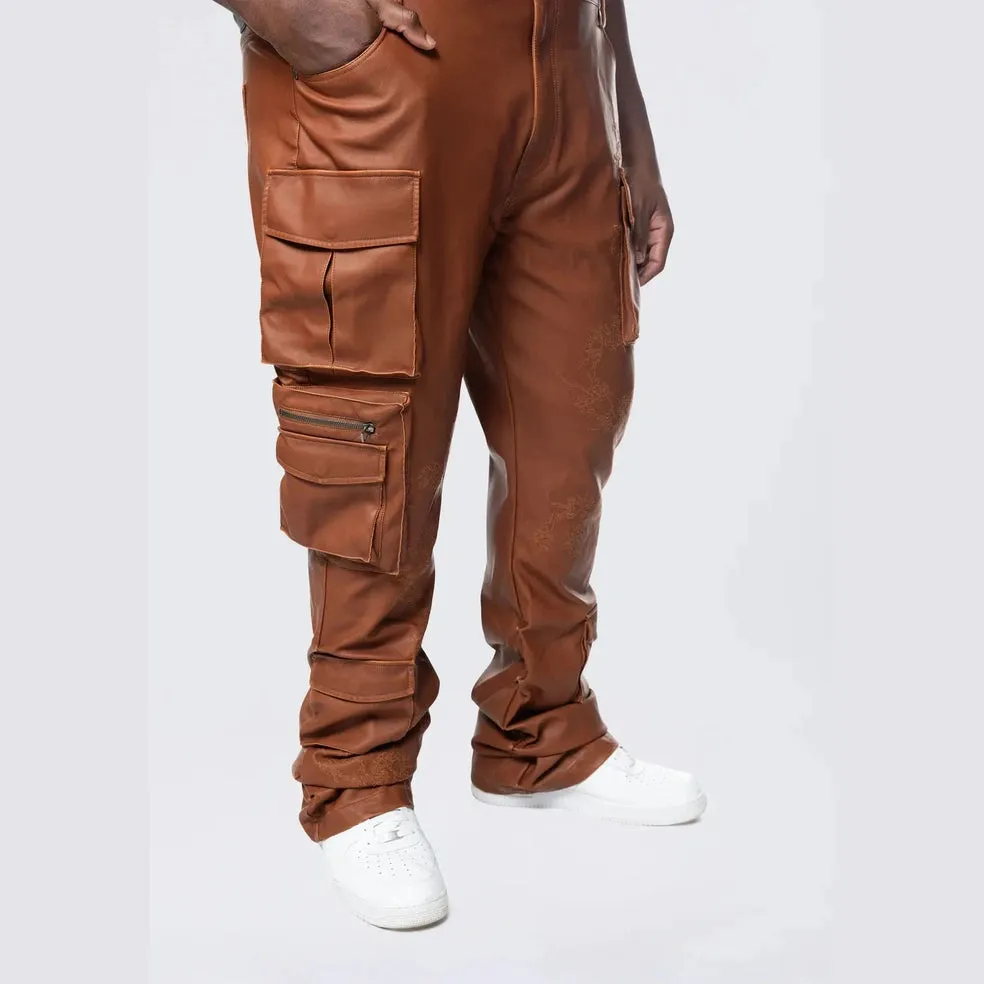 Big and Tall - Stacked Vegan Leather Overalls - Washed Brown