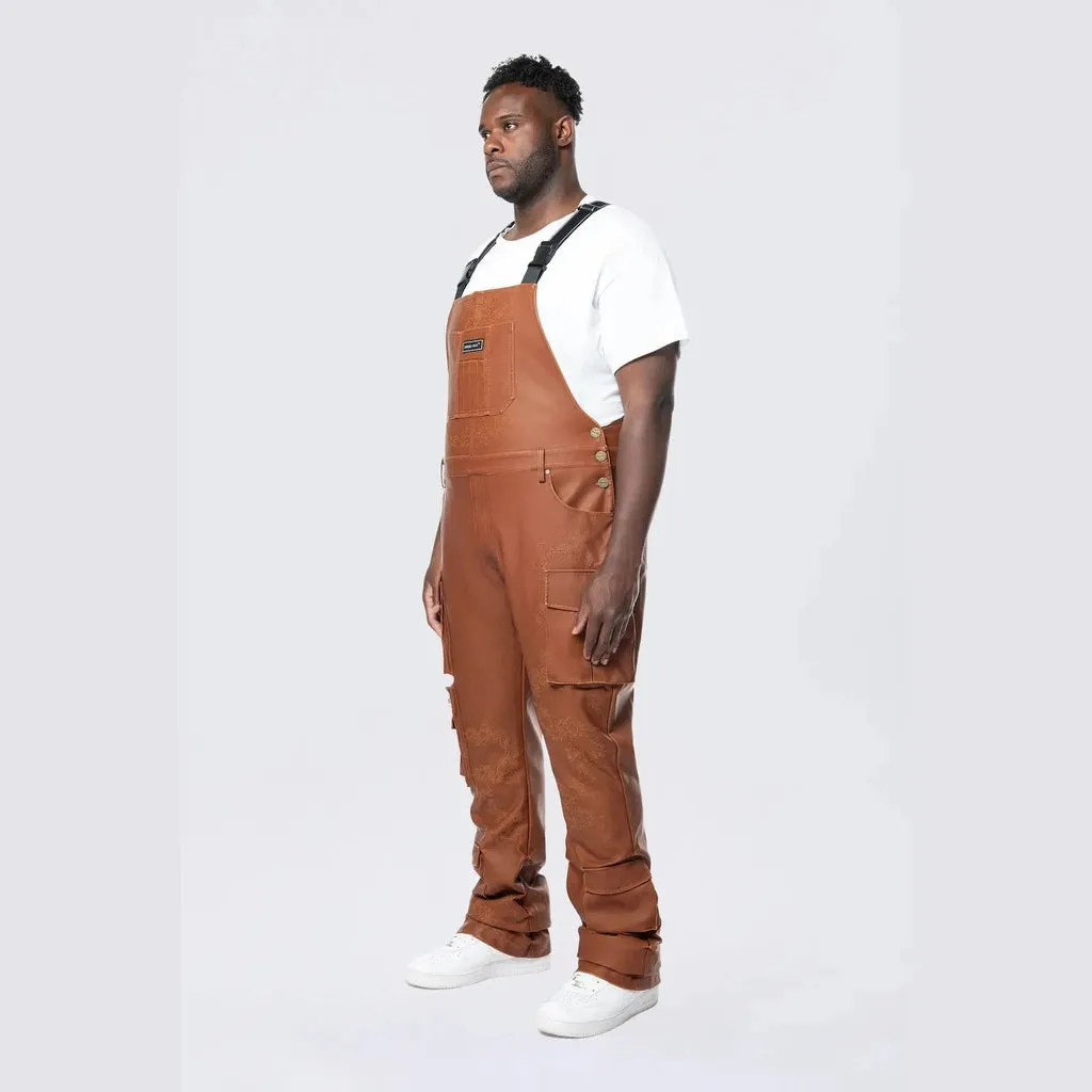 Big and Tall - Stacked Vegan Leather Overalls - Washed Brown