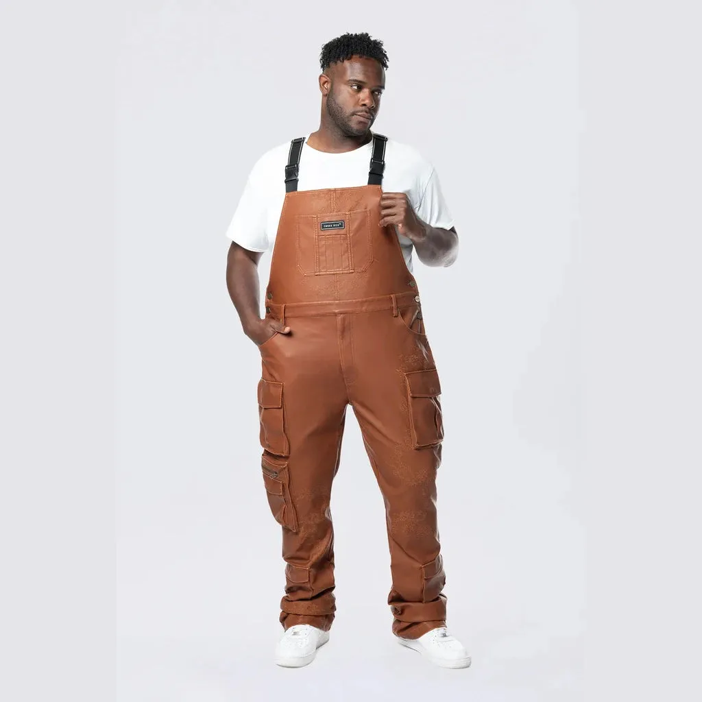 Big and Tall - Stacked Vegan Leather Overalls - Washed Brown