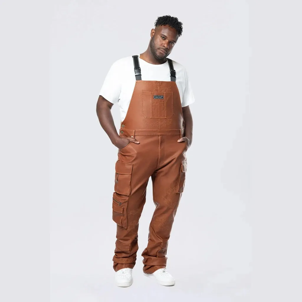 Big and Tall - Stacked Vegan Leather Overalls - Washed Brown