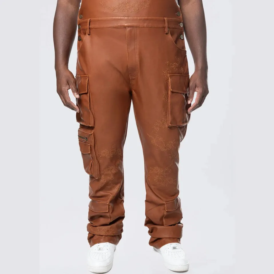 Big and Tall - Stacked Vegan Leather Overalls - Washed Brown