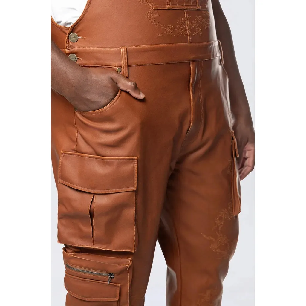 Big and Tall - Stacked Vegan Leather Overalls - Washed Brown