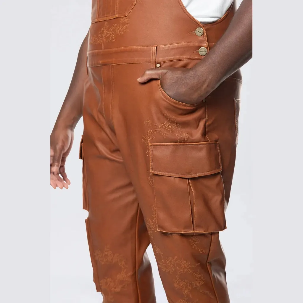 Big and Tall - Stacked Vegan Leather Overalls - Washed Brown