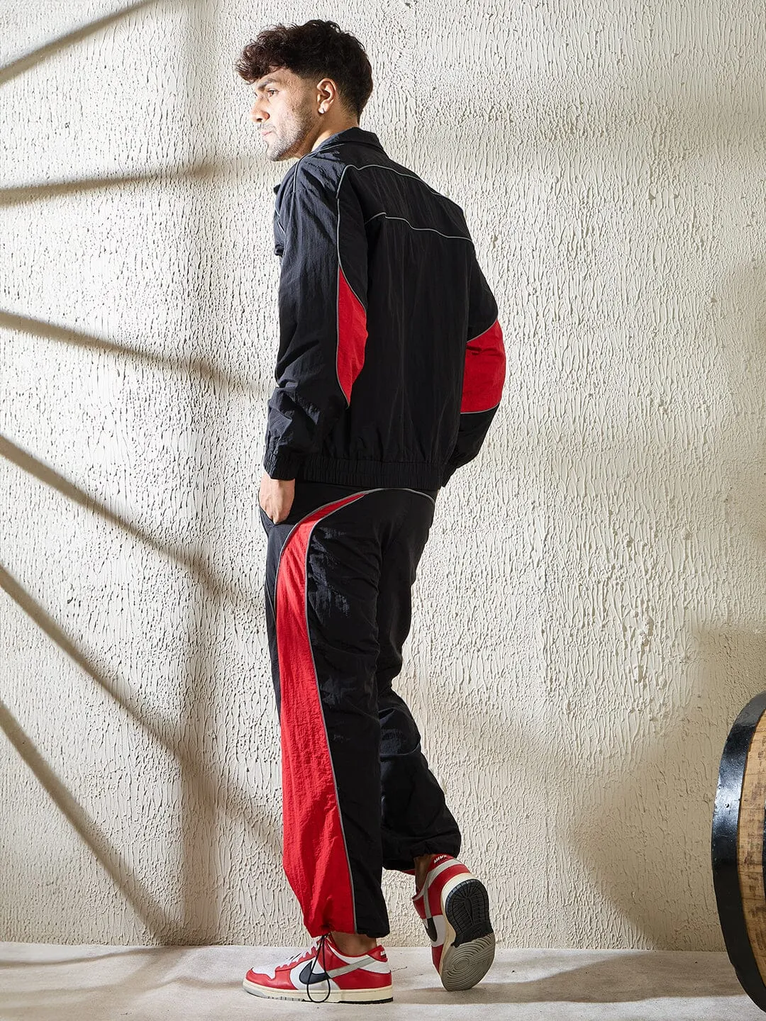 Black and Red Crinkle Cut and Sew Tracksuit