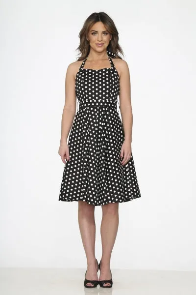 Black White Polka Dot Halter Dress