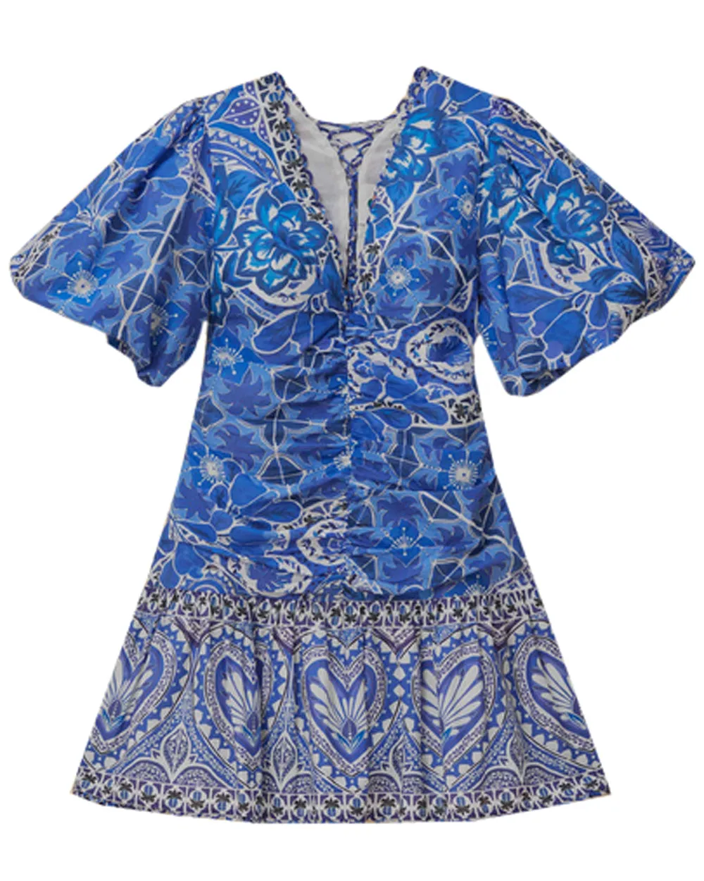 Blue Tile Print Short Sleeve Mini Dress