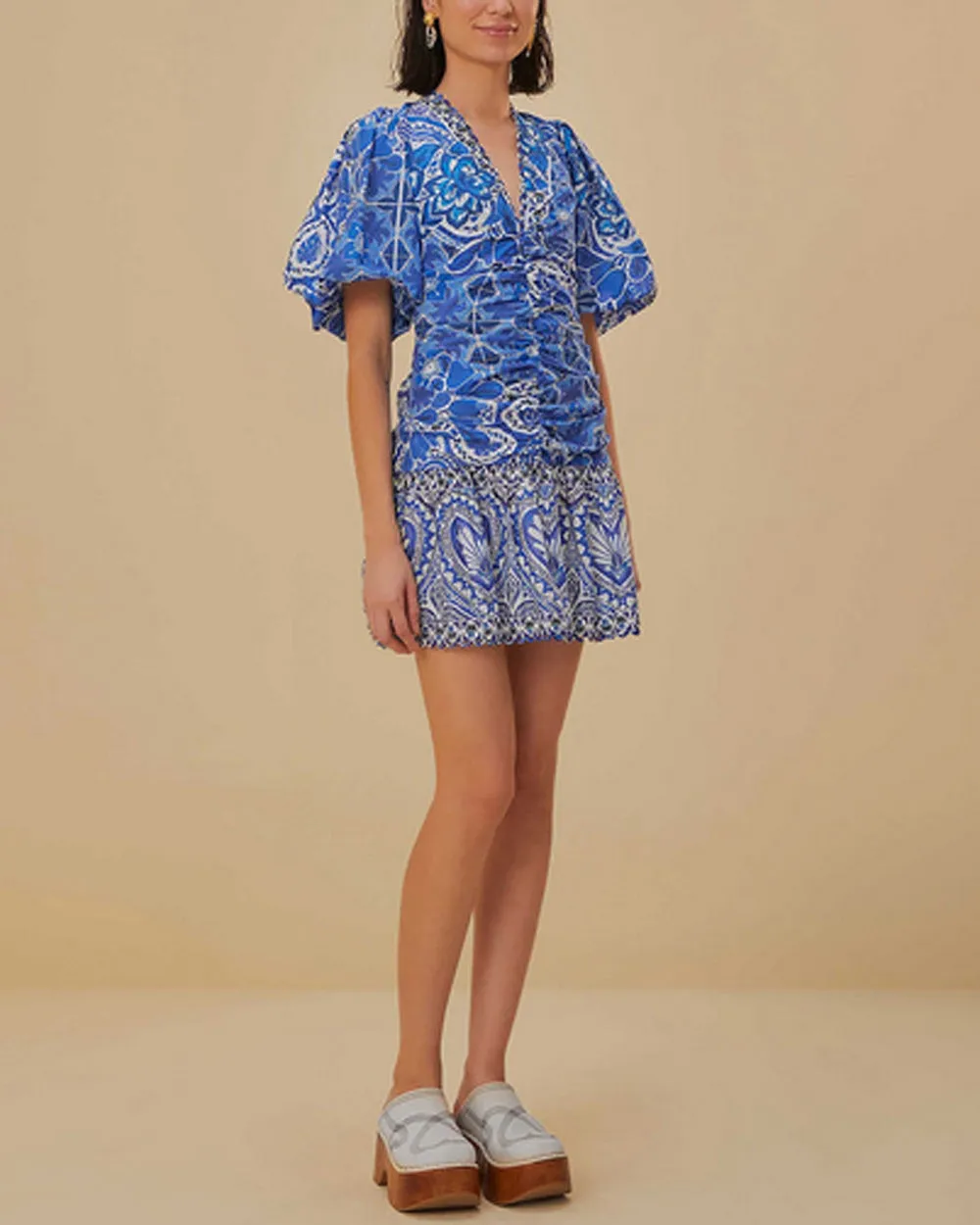 Blue Tile Print Short Sleeve Mini Dress