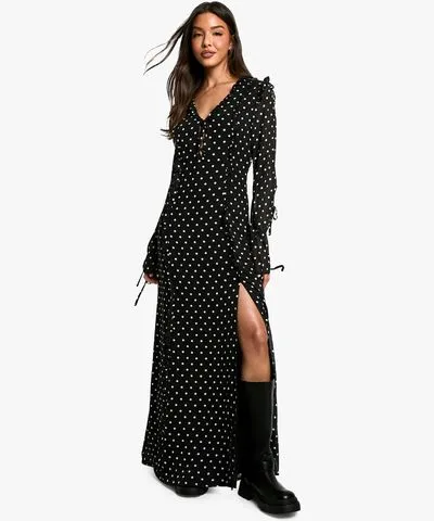 boohoo Womens Polka Dot Chiffon Flare Sleeve Maxi Dress