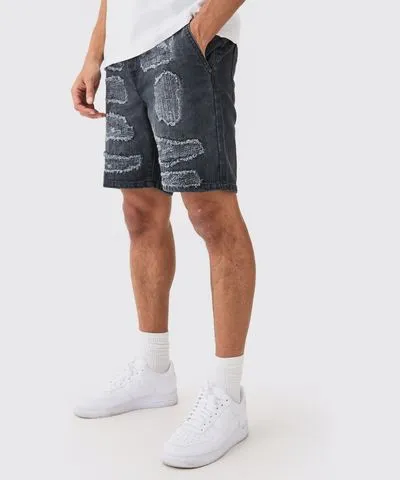 boohooMAN Mens Slim Rigid Repaired Denim Short In Washed Black