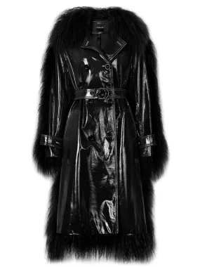 BOWERY Shearling Trim Vinyl Trench Coat