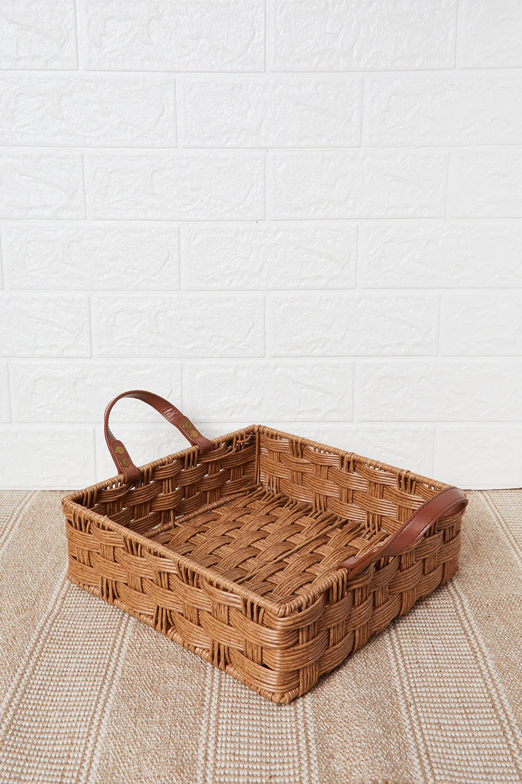 Brown Square Tray With Faux Leather Handle