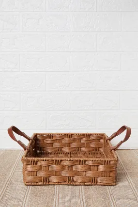 Brown Square Tray With Faux Leather Handle