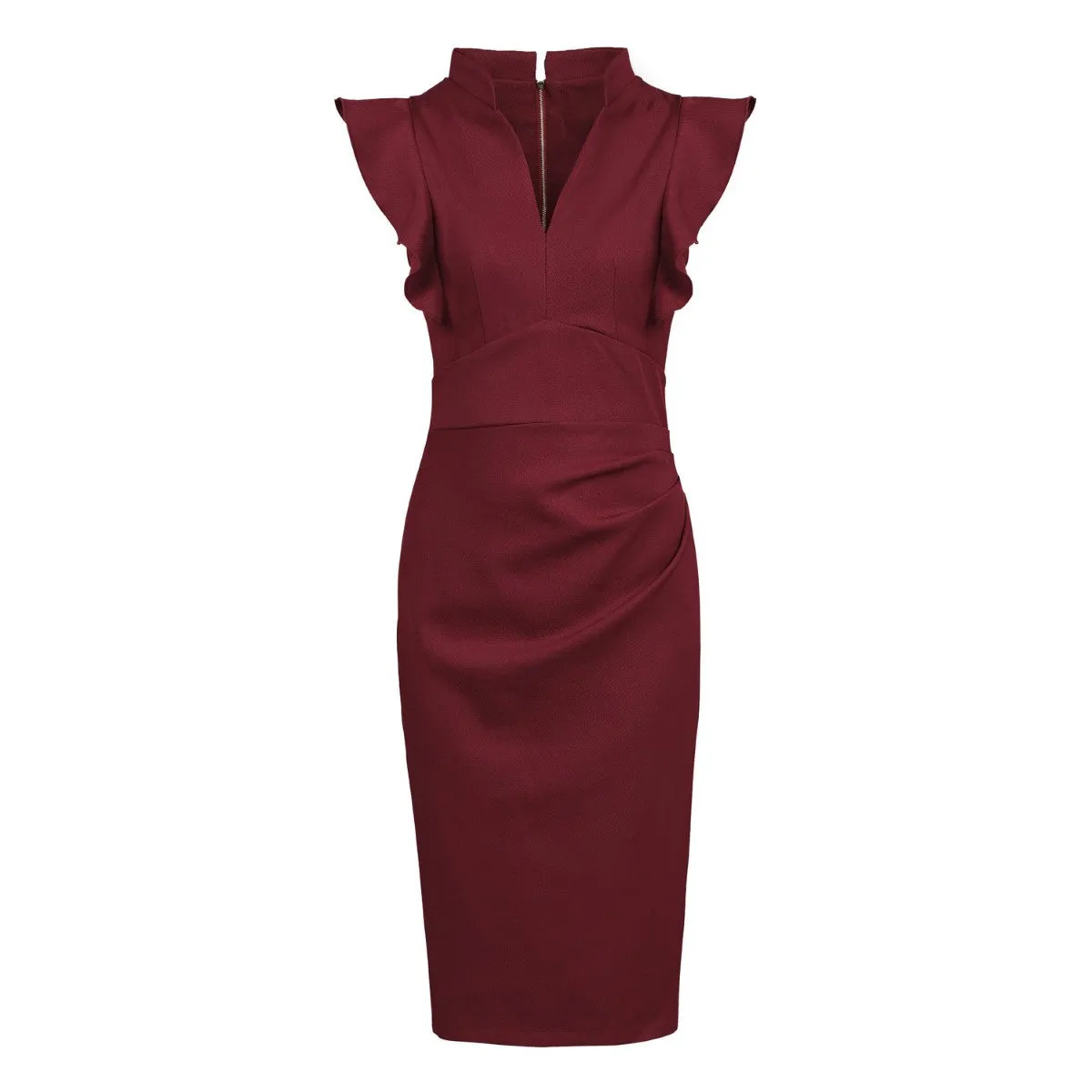 Burgundy Red Ruffle Shoulder Bodycon Pencil Dress