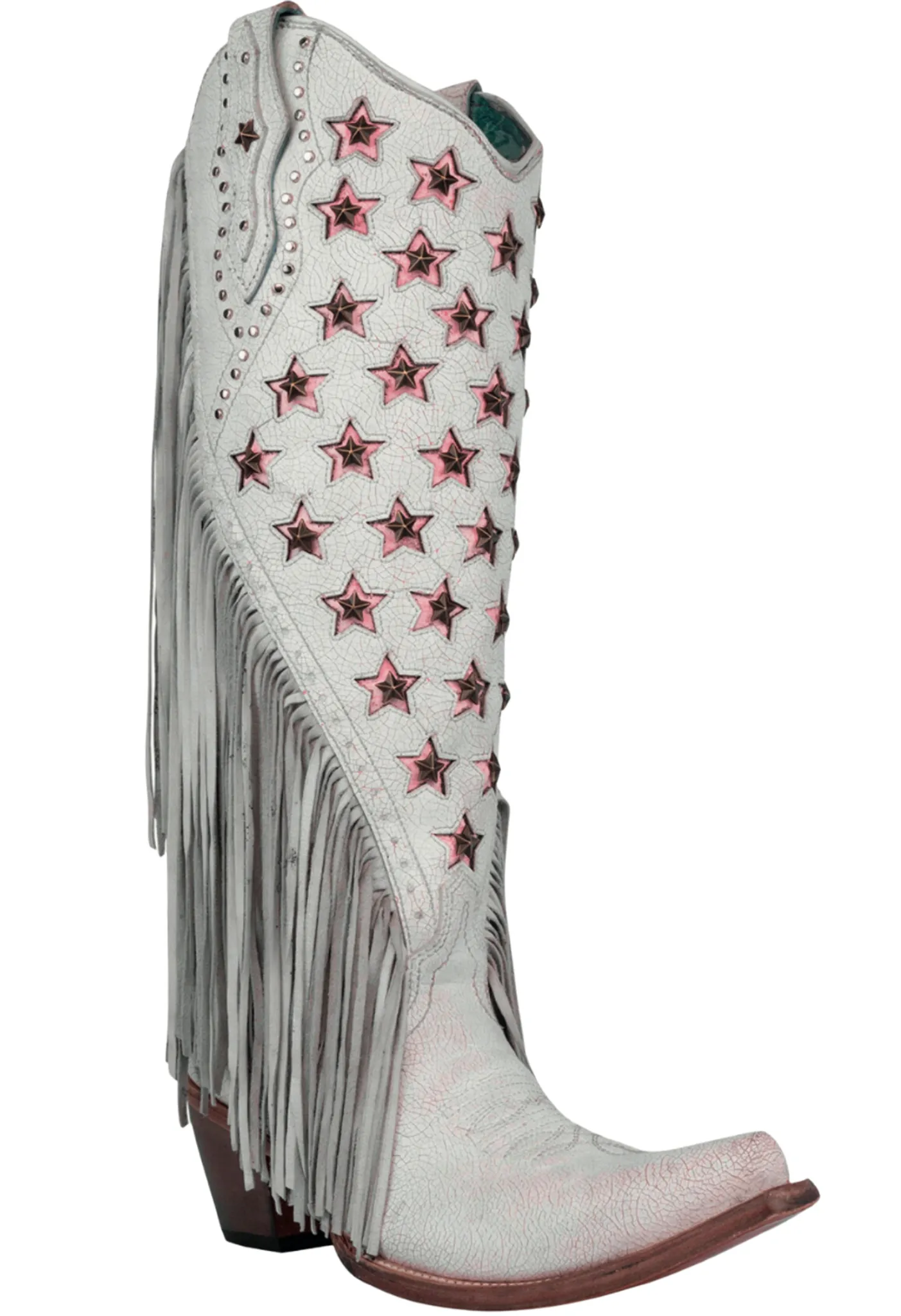 Corral White Pink Stars Inlay Embroidery Studs Fringe Tall Top Neon C4084