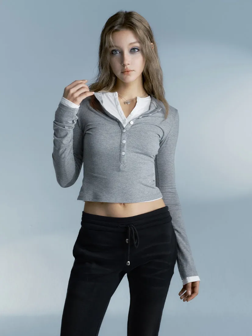 Crew-Neck Half-Button Simple Slim Plain Cutsew