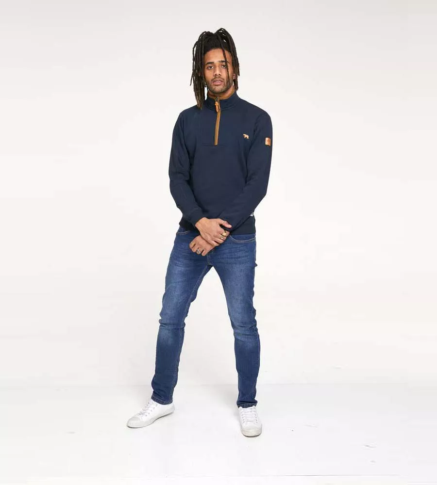 D555 Tall Mens Navy Zip Neck Sweatshirt With Chest Embroidery (DONALD)