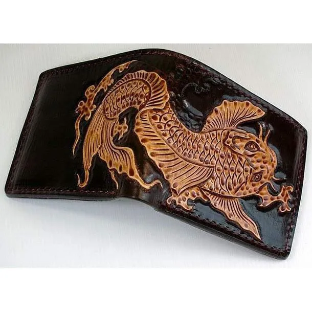 Dark Brown Koi Fish Genuine Cowhide Leather Wallet