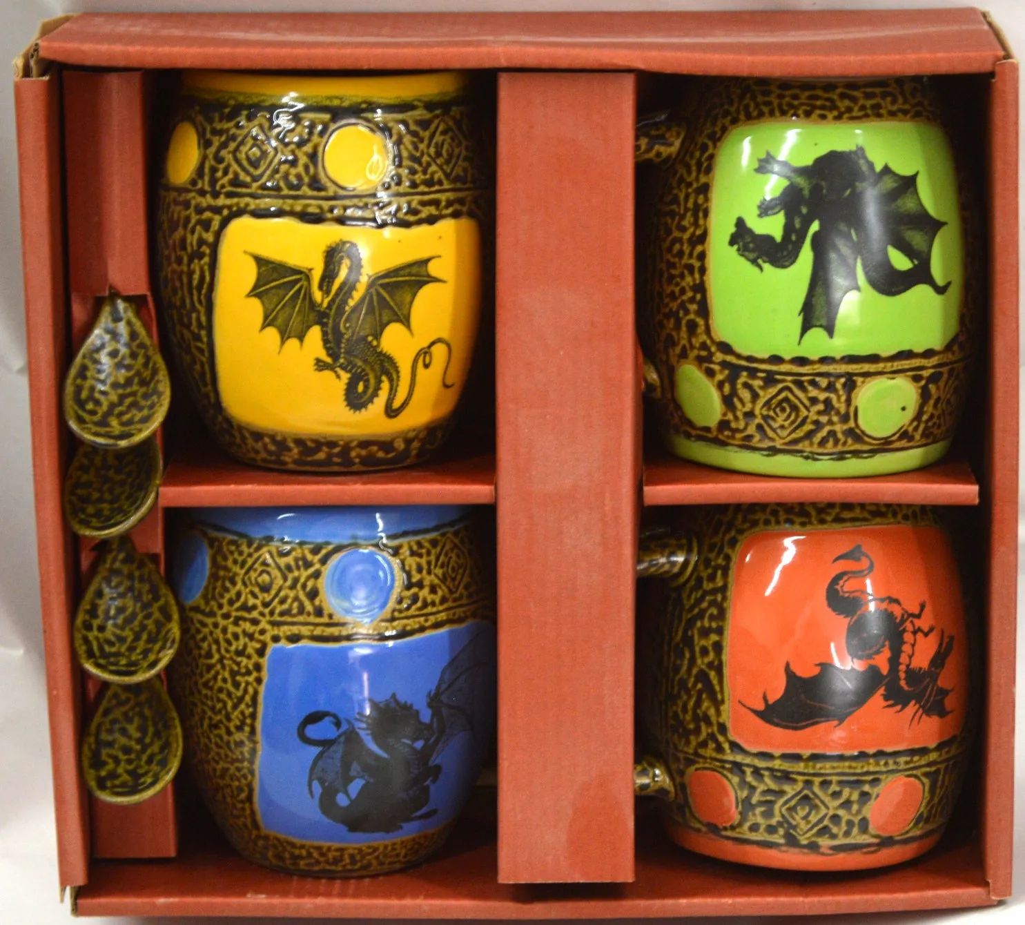 Dragon Mugs with Spoons Box Set of 4