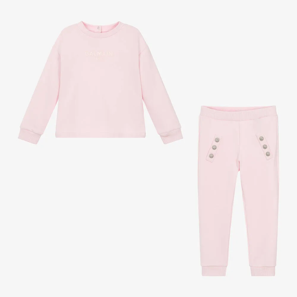 Girls Pink Embroidered Cotton Tracksuit