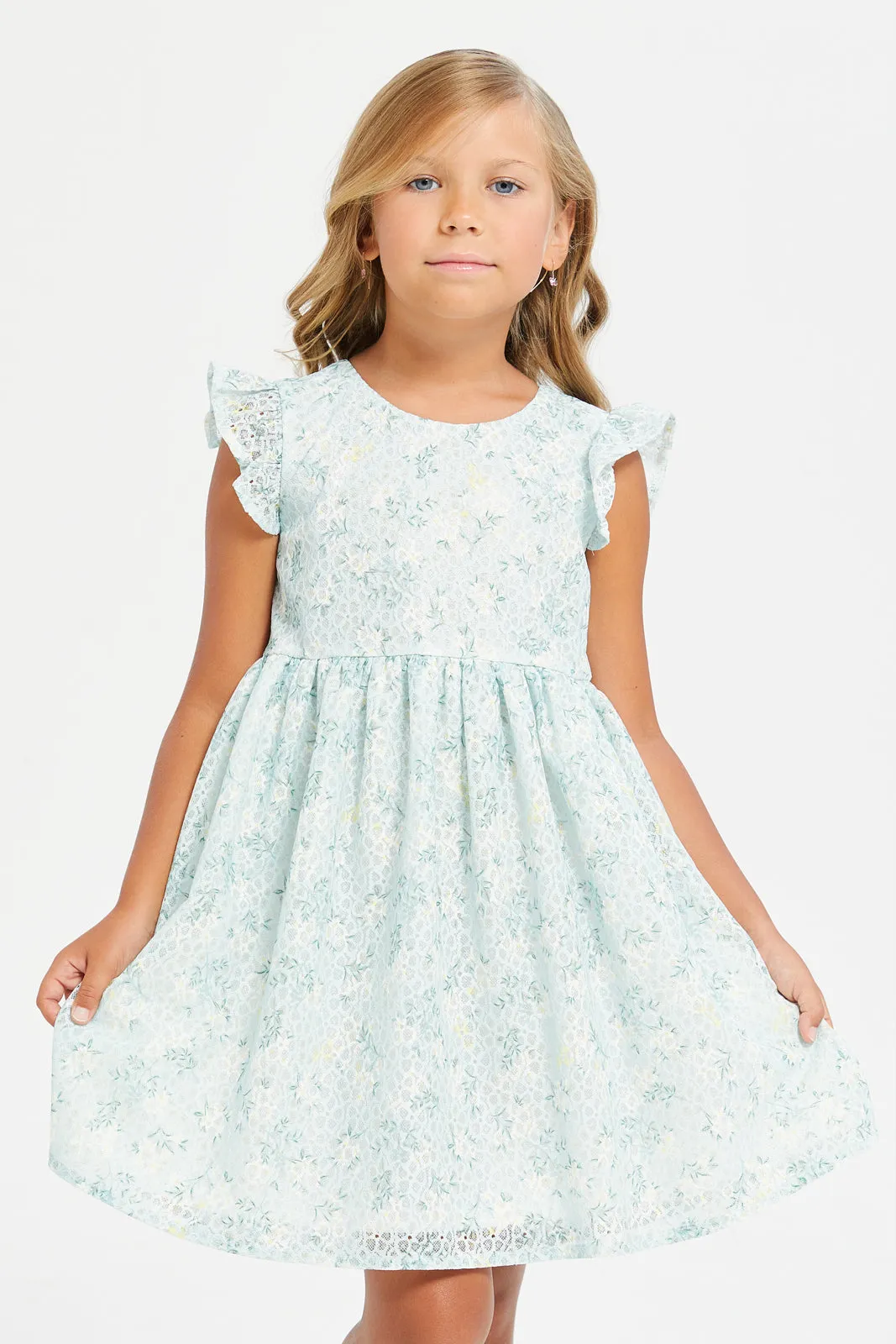 Girls Teal Printed Floral Lace Dress