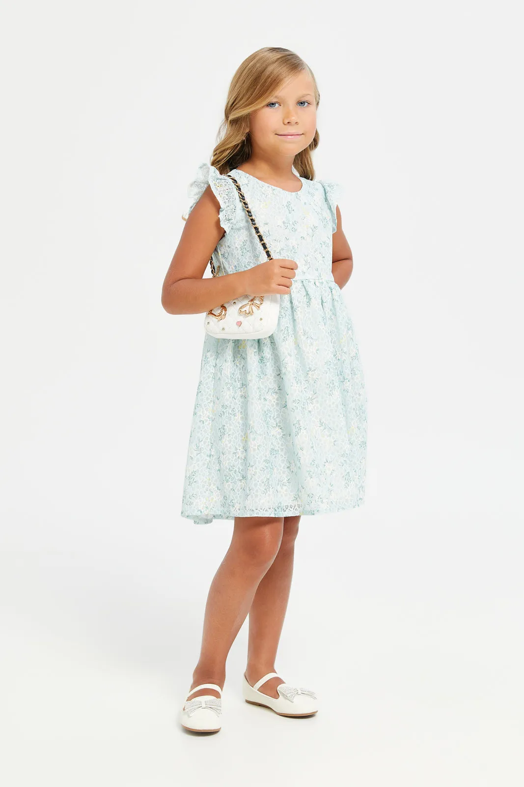 Girls Teal Printed Floral Lace Dress