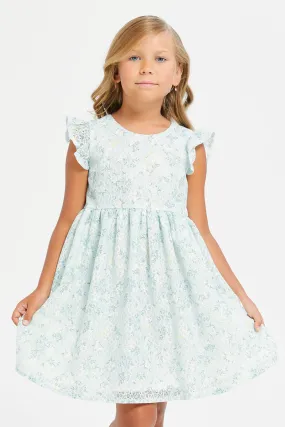 Girls Teal Printed Floral Lace Dress