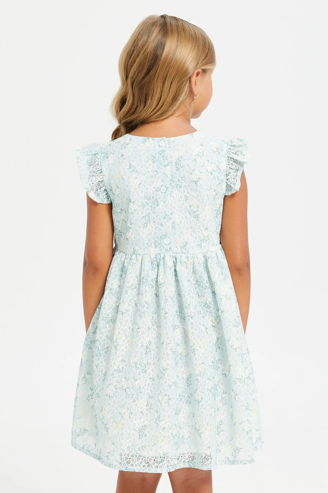 Girls Teal Printed Floral Lace Dress