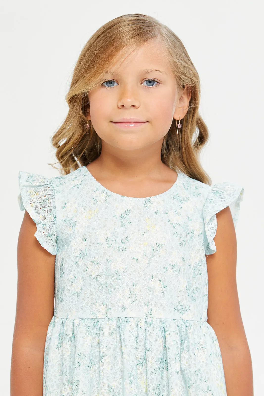 Girls Teal Printed Floral Lace Dress