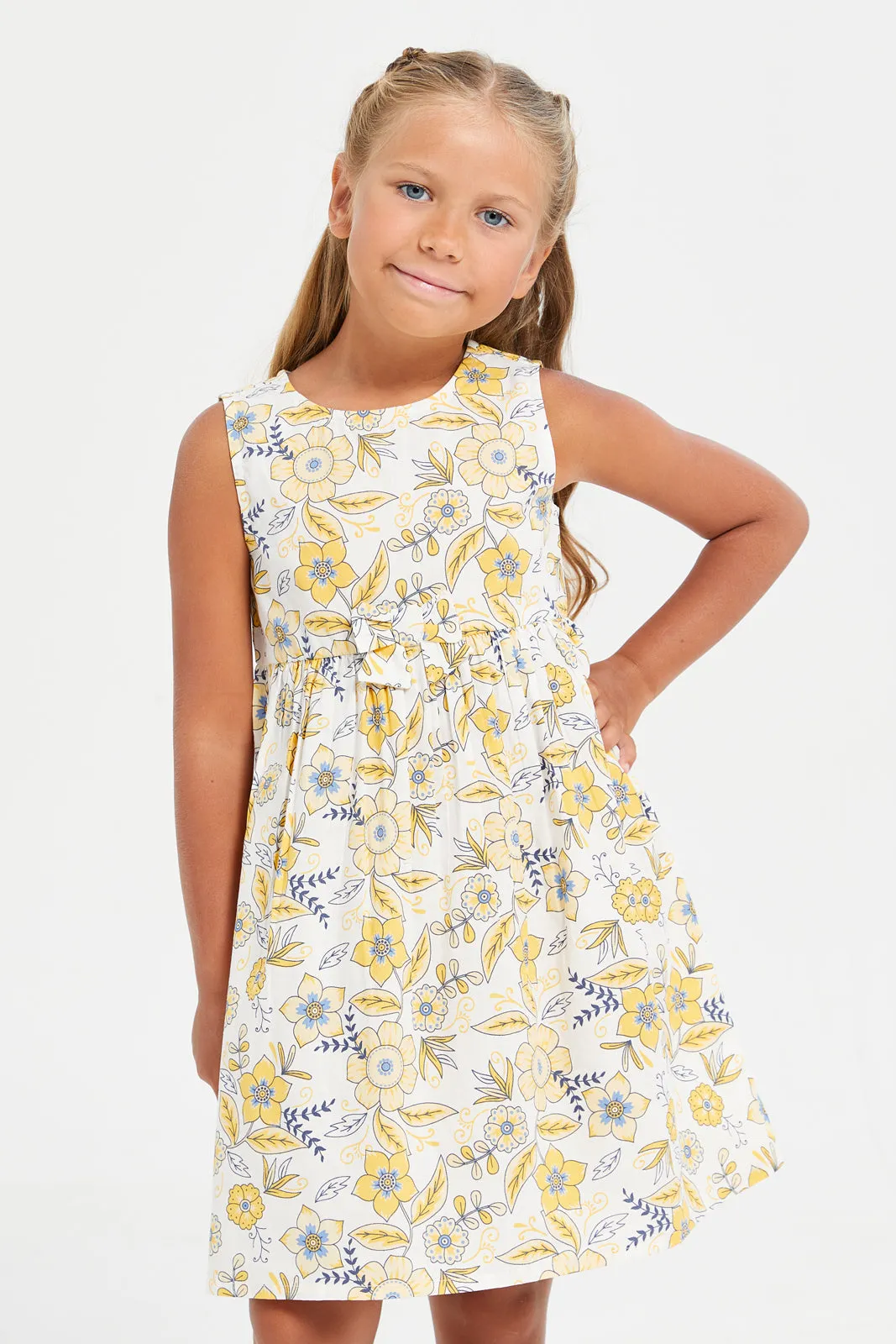 Girls White Floral Printed Dress