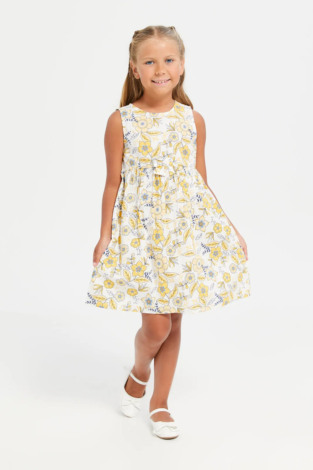 Girls White Floral Printed Dress