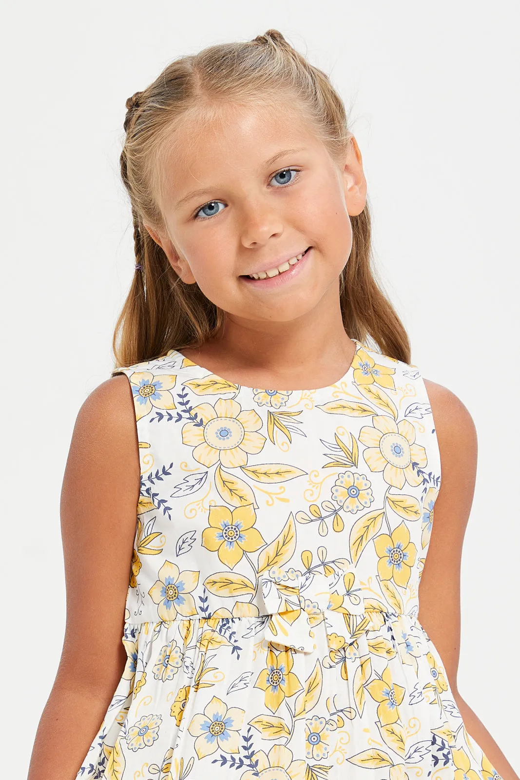 Girls White Floral Printed Dress